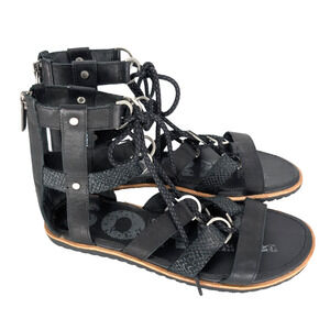 Sorel Ella Womens Black Leather Lace Up‎ Strappy Gladiator Back Zip Flat Sandals
